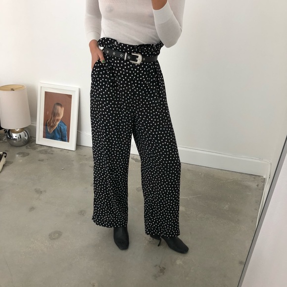 Paperbag Waist Micro Polka Dot Black White Pants - Picture 2 of 4